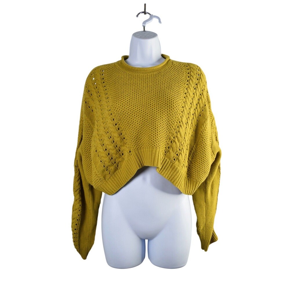 BDG Urban Outfitters Sweater Size S Mustard Yellow Cropped Cable Knit Boho - Picture 2 of 8